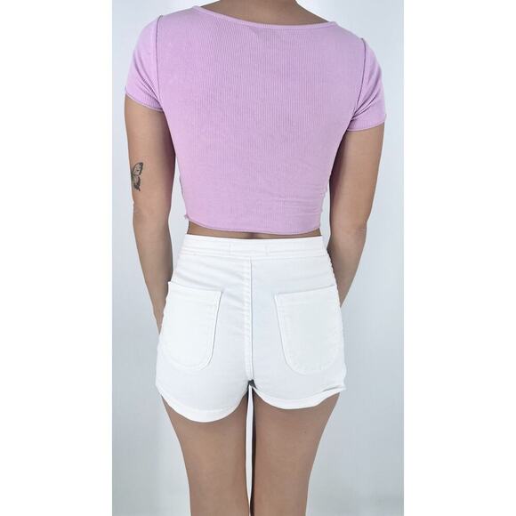 Women's Lavender Lilac V-Neckline Ribbed Knit Front Tie Short Sleeve Top Size XS - Picture 2 of 3
